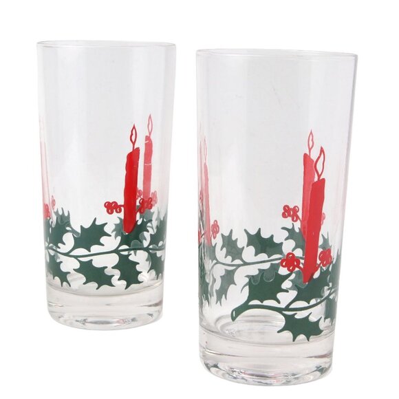Vintage Daytons Christmas Drink Glasses Tumbler Highball Candle Holly Red Green - Picture 6 of 9